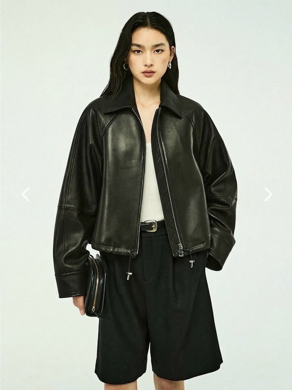 Women's Black Leather Zip-Front Jacket - Oversized Collar